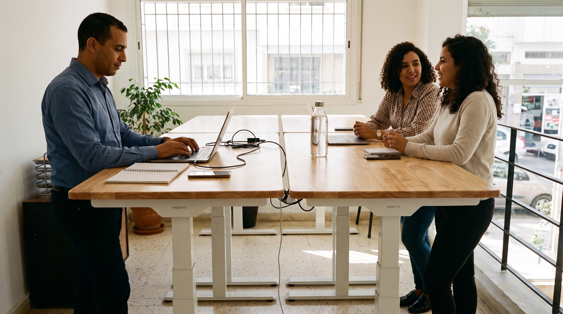 Collègues marocains travaillant debout à des bureaux assis-debout PROBYTE dans un bureau à Casablanca